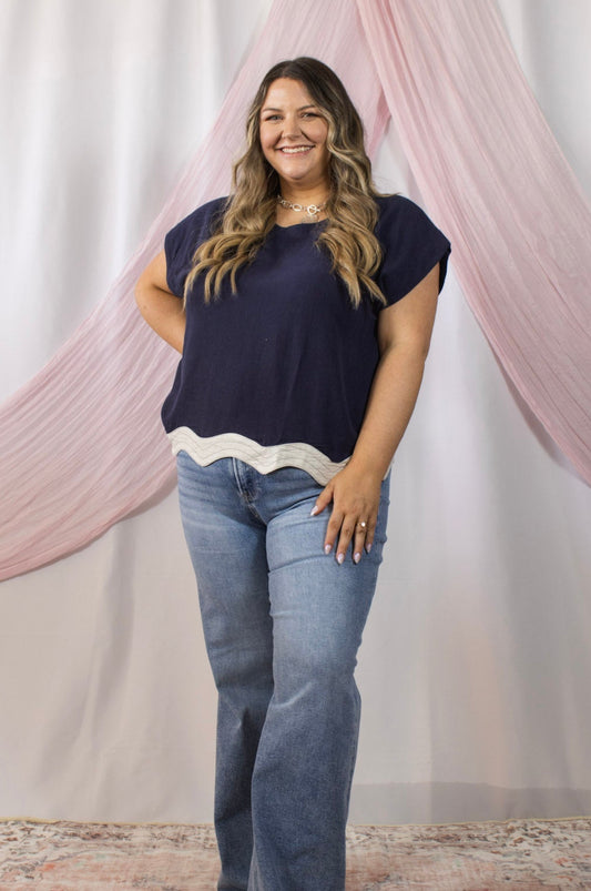 Navy Scallop Hem Cap Sleeve