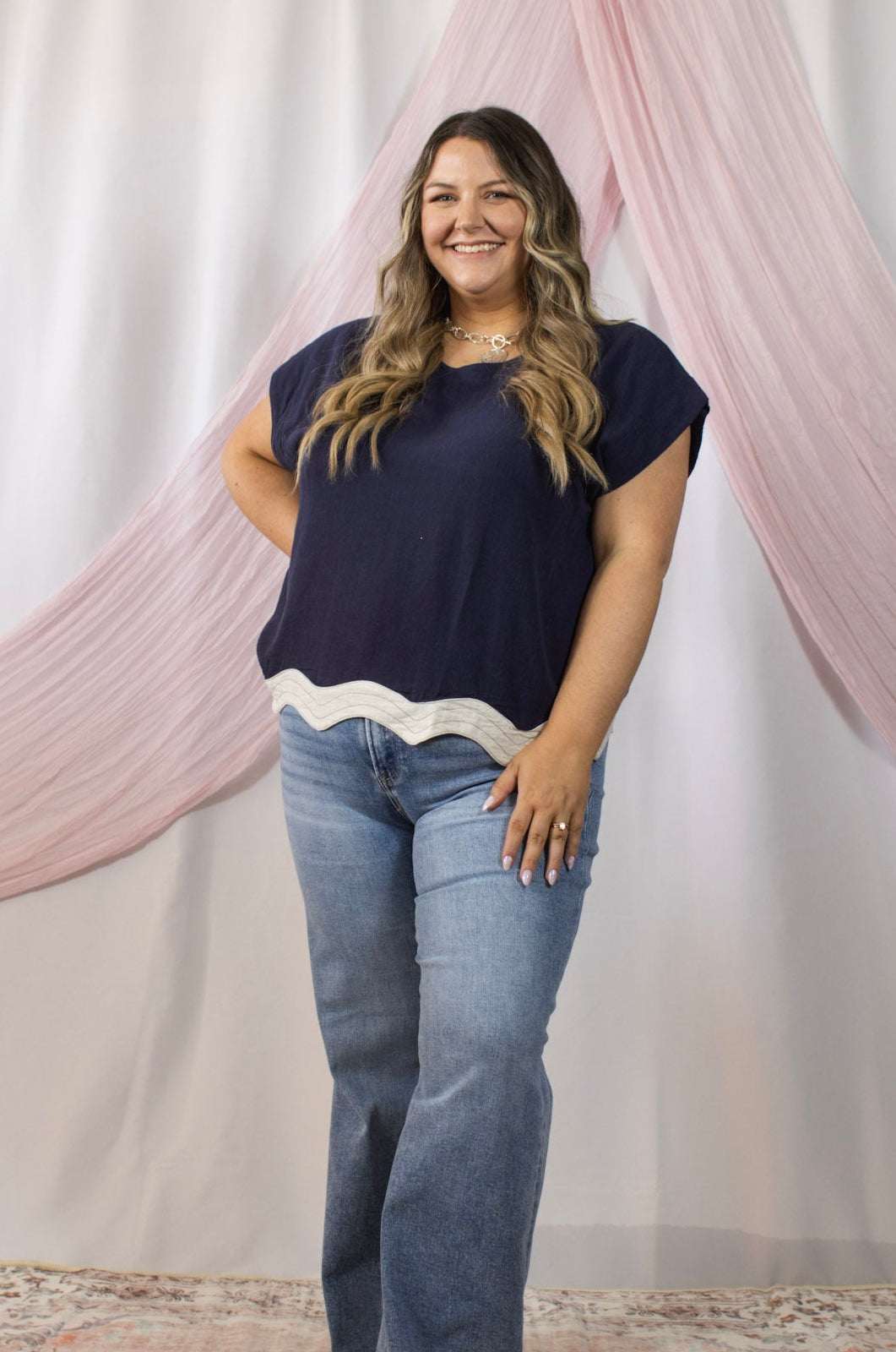 Navy Scallop Hem Cap Sleeve