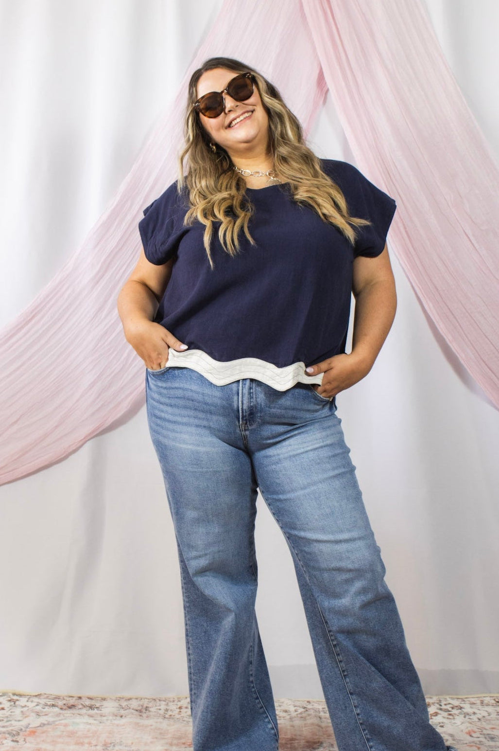 Navy Scallop Hem Cap Sleeve