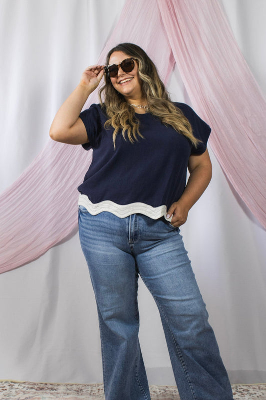 Navy Scallop Hem Cap Sleeve