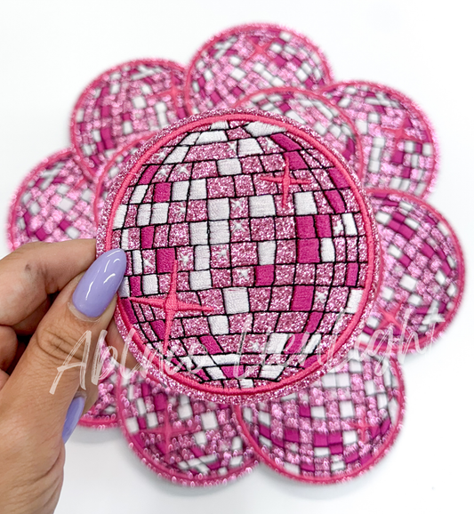 ABLN Boutique - 3.15” Pink glitter disco ball embroidery patch iron on