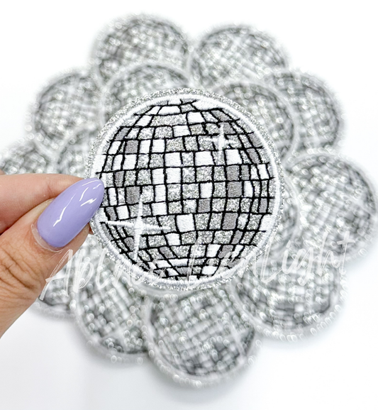 ABLN Boutique - 2” Silver glitter disco ball embroidery patch iron on
