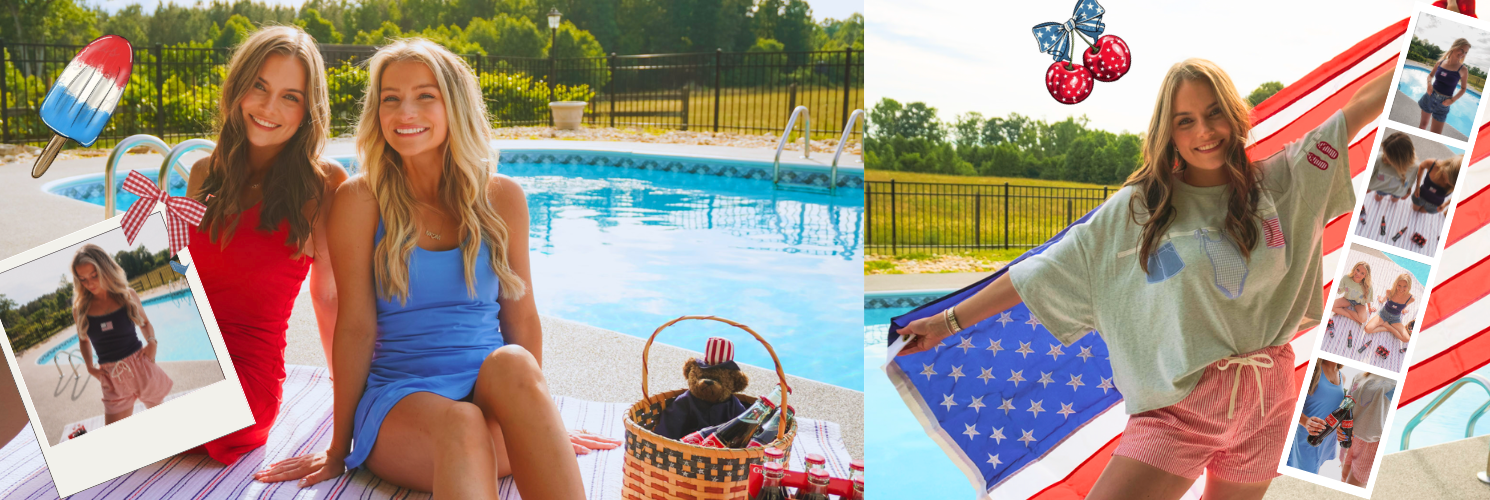 Two women by a poolside with a picnic basket, surrounded by American flag-themed decor.