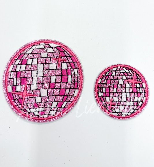 ABLN Boutique - 3.15” Pink glitter disco ball embroidery patch iron on